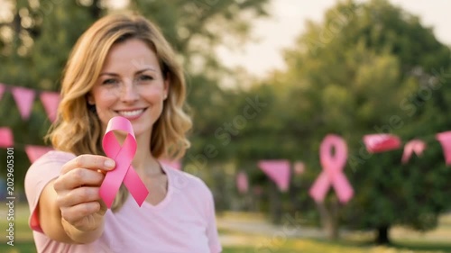 Breast cancer awareness woman holding pink ribbon during support campaign and healthcare event