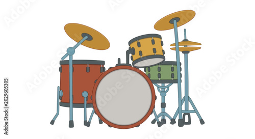 Fotografía flat vector illustration of drum set with cymbals and percussion instruments