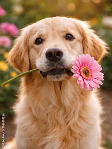 Golden retriever holding pink flower in mouth with gentle expression in blooming garden portrait