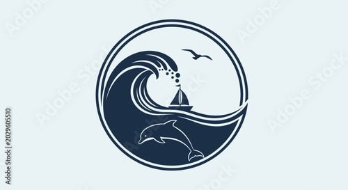 Minimalist circular emblem featuring a jumping dolphin sailboat and ocean wave.