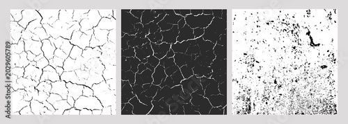 Set of three square panels with cracked and weathered textures fine black cracks on white, inverted high-contrast dark background with light cracks, and chaotic speckled erosion pattern