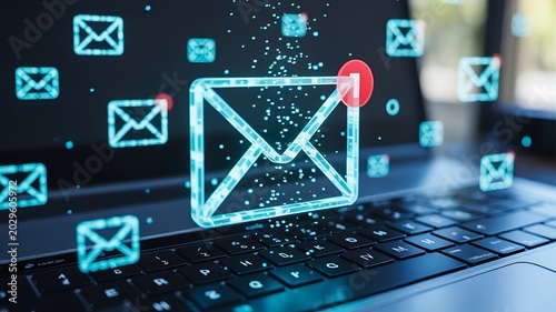 Digital email notification concept with glowing envelope icons on keyboard