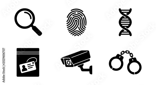 Fotografía Set of forensic investigation and criminal justice icons including magnifying gl