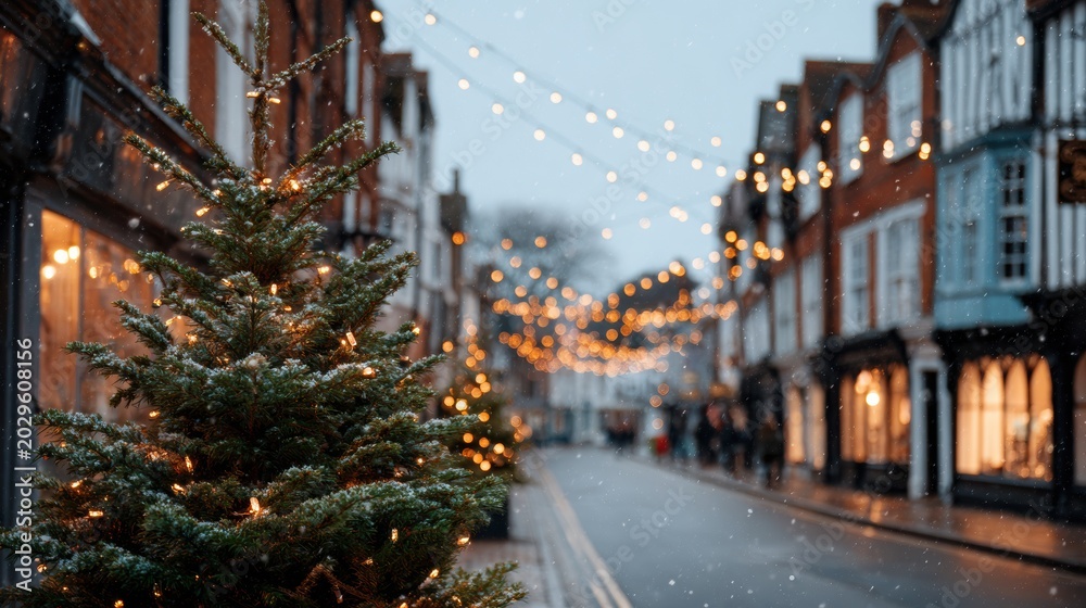 Naklejka premium Christmas tree adorned with lights in a quaint street lined with shops, illuminated by festive string lights during a snowy evening in a charming town