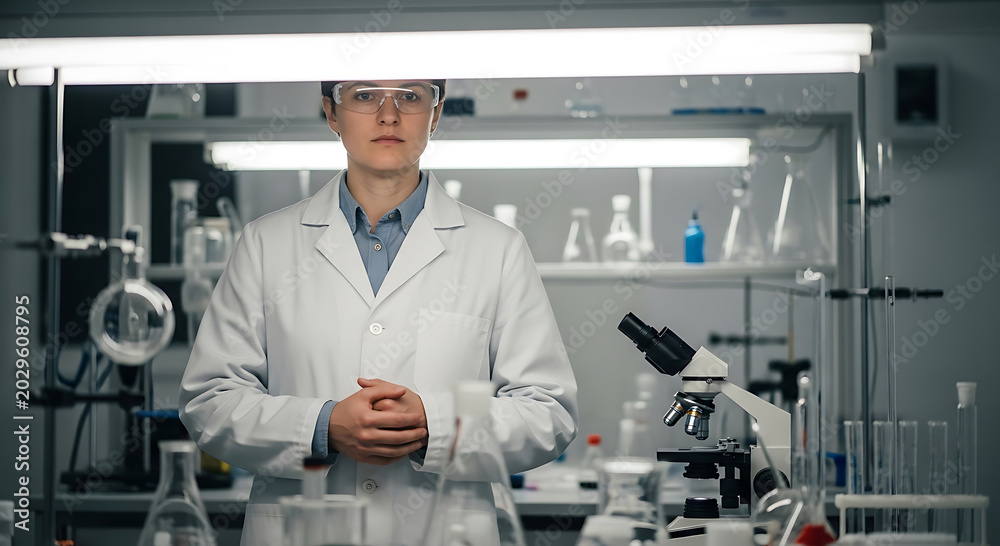 Fototapeta premium Professional Female Scientist Standing in Modern Laboratory Research Facility with Microscope and Glassware