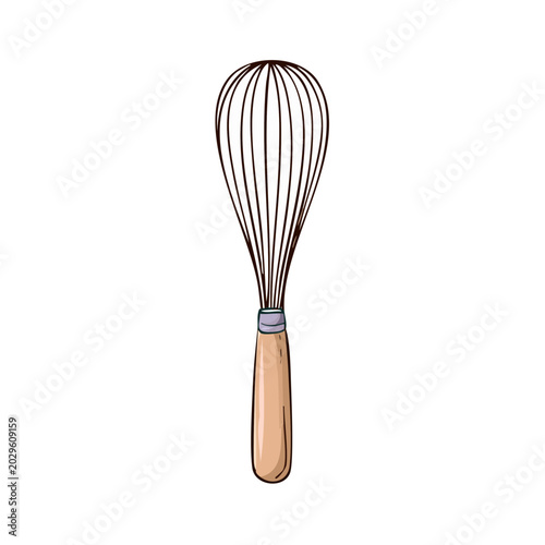 Hand drawn illustration of a wire whisk with a wooden handle kitchen utensil for baking and cooking