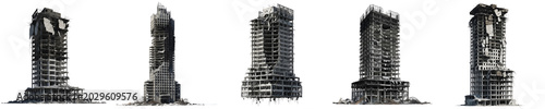 Photos Destroyed Ruined Skyscrapers Set Isolated on White Background, Damaged Abandoned