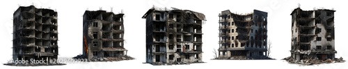 Fotografía Destroyed Ruined Buildings Set Isolated on White Background, Damaged Abandoned A