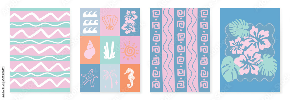 Naklejka premium Marine summer pattern collection with waves, shells, seahorse, coral, hibiscus flowers and tropical coastal backgrounds vector set.