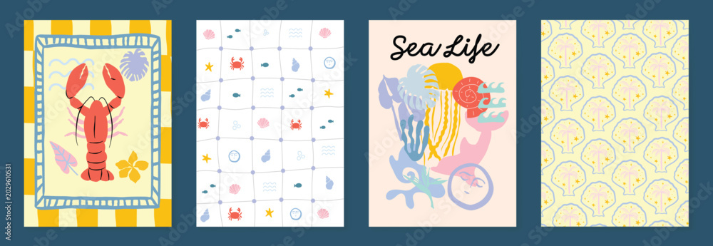 Obraz premium Sea life summer poster and pattern collection with lobster, shells, seahorse, fish, palm trees and coastal elements vector set.