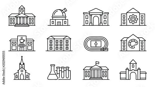 Vector Set of University Campus Buildings Line Icons in Minimalistic Style Featuring Academic Facilities like Library, Observatory, Science Lab, Stadium, Arts Center, and Student Union Cafe.