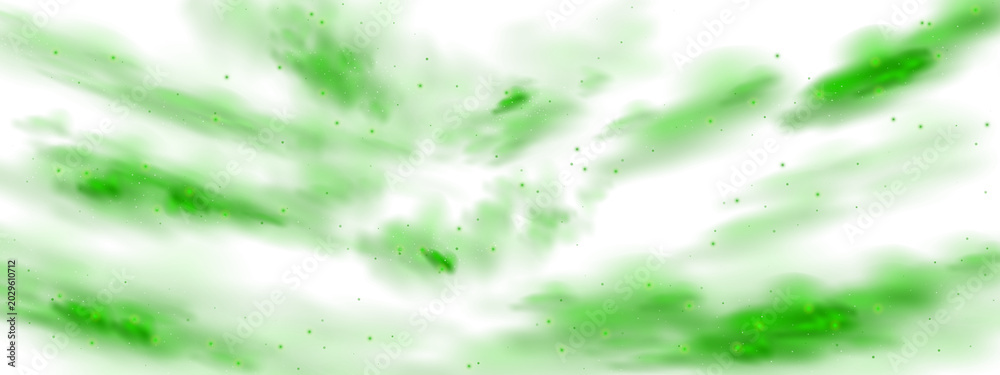 Fototapeta premium Magic green smoke and gas smell fog background. Sparkle light with poison powder for Halloween energy festive bg. Hazy night sky with radiation vortex and stardust illustration. Chemical vape mist