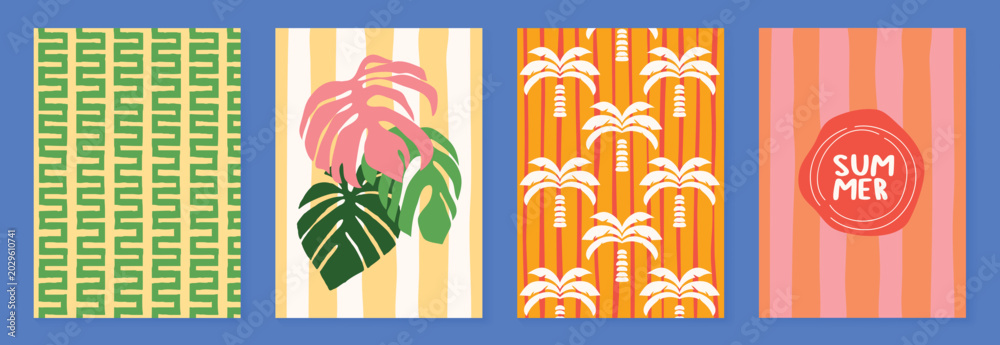 Fototapeta premium Tropical summer poster and pattern collection with monstera leaves, palm trees, striped backgrounds and retro beach badge vector set.