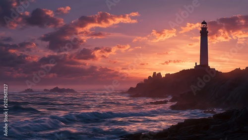 Golden sunset over lighthouse on rocky coast.