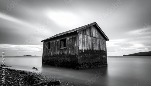 Monochrome Serenity - Abandoned Boathouse Embraced by Still Waters Under a Cloudy Sky.