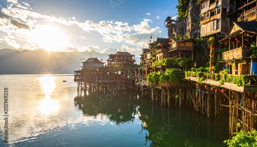 Picturesque waterfront village with traditional architecture at sunrise.