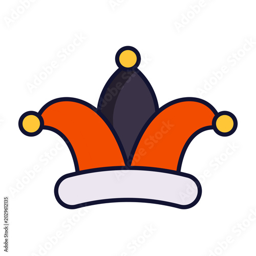 Jester hat, colorful crown, cartoon jester's cap, orange and black vector icon
