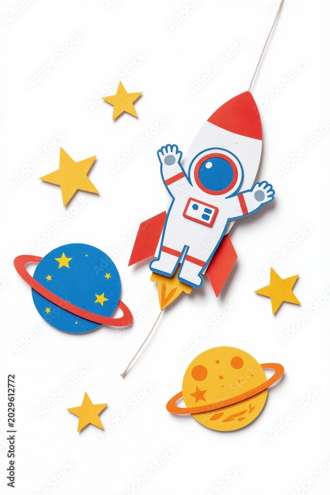 Fototapeta premium Cute cartoon astronaut with rocket and planets. Paper cutouts in space with stars. Kids adventure, fantasy travel, and exploration theme. Childrens craft fun activity. Galactic journey discovery.