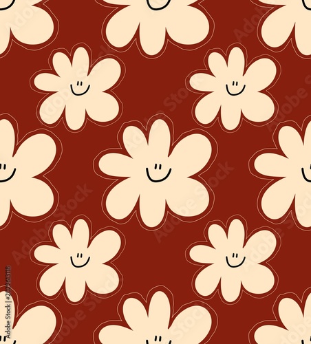 Cute Smiley Face Flower Seamless Pattern on Dark Red Background