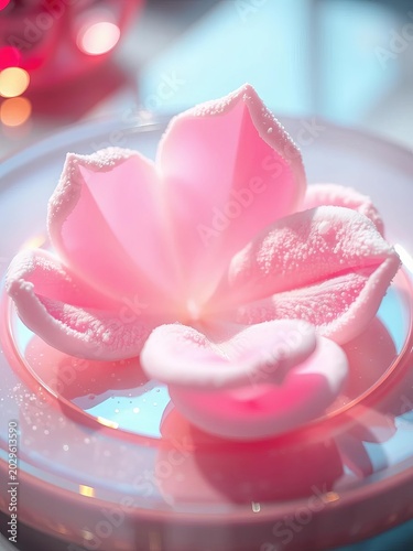 Frosted sugar petals unfurl on a pearlescent plate, a visual sonata of sweetness and light,  confection,  culinary