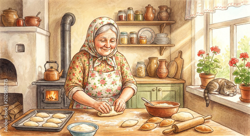 Elderly woman baking dough in rustic kitchen with cat nearby  