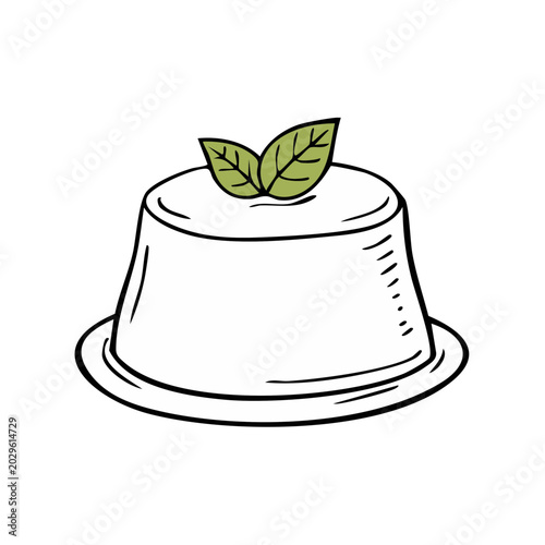 Simple hand drawn illustration of a dessert with green leaves on top presented on a plate