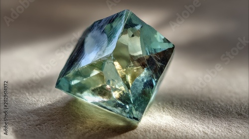 Close-up of a blue-green polished beryl mineral showing crisp facets and translucent glow