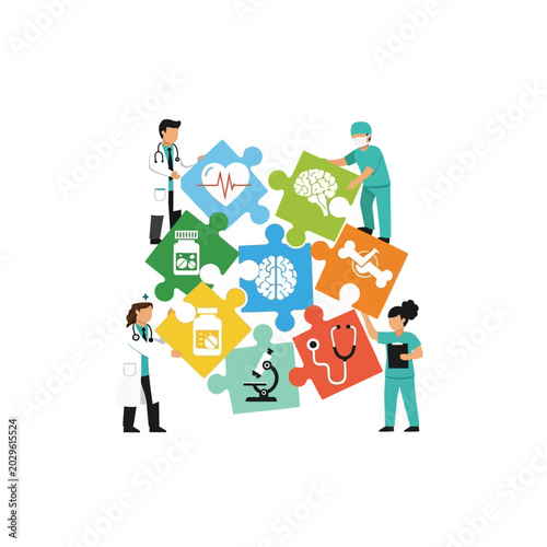 Medical professionals working together puzzle pieces.