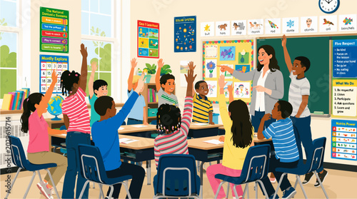 Foto the students raised their hands, students compete to answer the teacher's questi