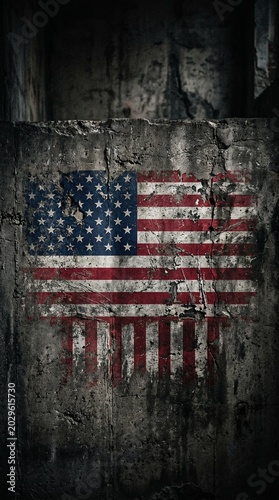 United States flag painted on cracked concrete wall weathered distressed texture gritty patriotic urban design