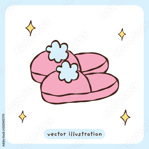 Fotografía Cute pink fluffy house slippers, cozy footwear doodle vector illustration
