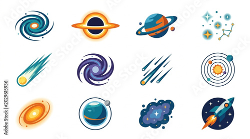 Obraz na płótnie Collection of Space Objects and Celestial Bodies Icons.