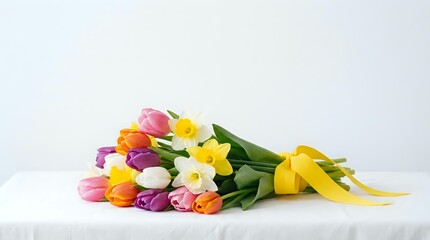 Colorful spring tulip bouquet with pink purple yellow orange flowers on white marble surface for Mother's Day greeting cards and floral arrangements.