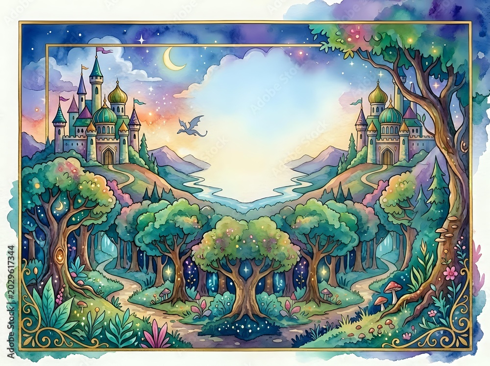 Obraz premium Enchanted fantasy landscape with magical castles, ancient trees and mystical valley at sunset. Fairy tale kingdom scenery for storytelling and adventure themes.
