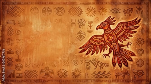 International day of the world's indigenous people ancient tribal art with stylized bird motif on textured background