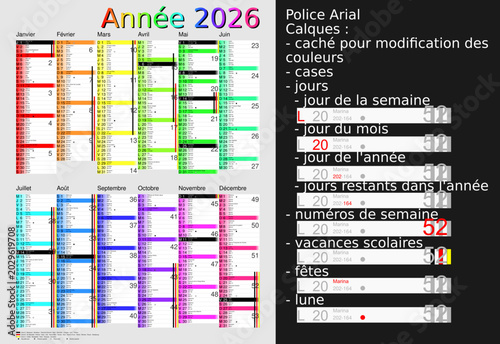 Calendrier 2026, calques, vacances scolaires, Saints, 12 mois