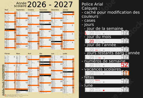 Calendrier scolaire 2026-2027, calques, vacances scolaires, Saints, 12 mois