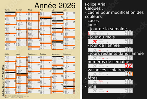 Calendrier 2026, calques, vacances scolaires, Saints, 12 mois