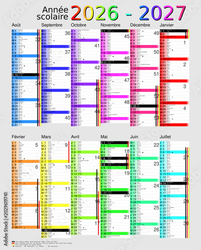 Calendrier scolaire 2026-2027, calques, vacances scolaires, Saints, 12 mois