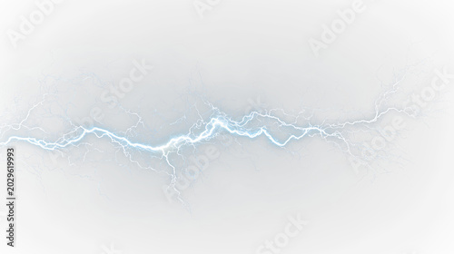 Blue and white lightning strikes across isolated on transparent background showing electrical discharge and bright flashes of light, light overlay, PNG