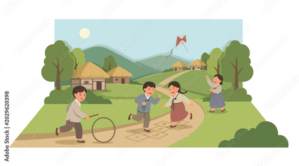 Naklejka premium Children playing traditional Korean games outdoors.