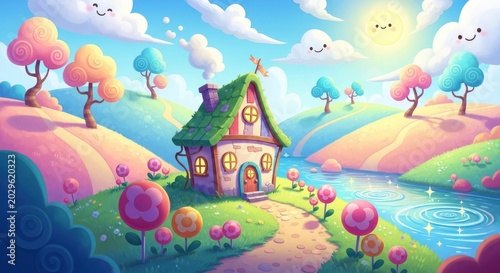 Cartoon House by River in Dreamy Landscape