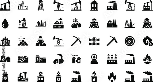Energy production icons illustrate oil extraction, industrial refineries, power plants, and combustion processes.