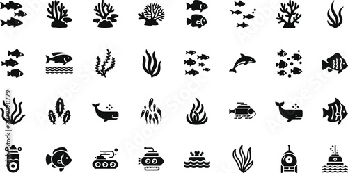 Marine life icons display aquatic animals and underwater plants in a black and white silhouette collection.