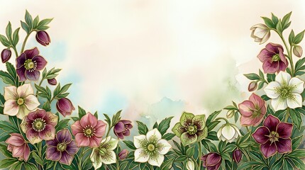 Watercolor hellebore flowers frame with soft pastel background, botanical border design for spring greeting cards, wedding invitations and floral decorations.