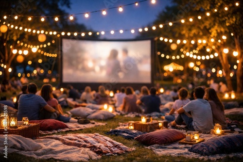 Outdoor cinema evening with people watching movie under lights cozy atmosphere night gathering