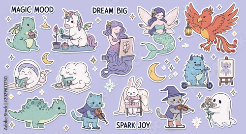 Set of Cute Kawaii Fantasy Stickers with Dragons, Unicorns, Mermaids, and Whimsical Creatures in Pastel Colors
