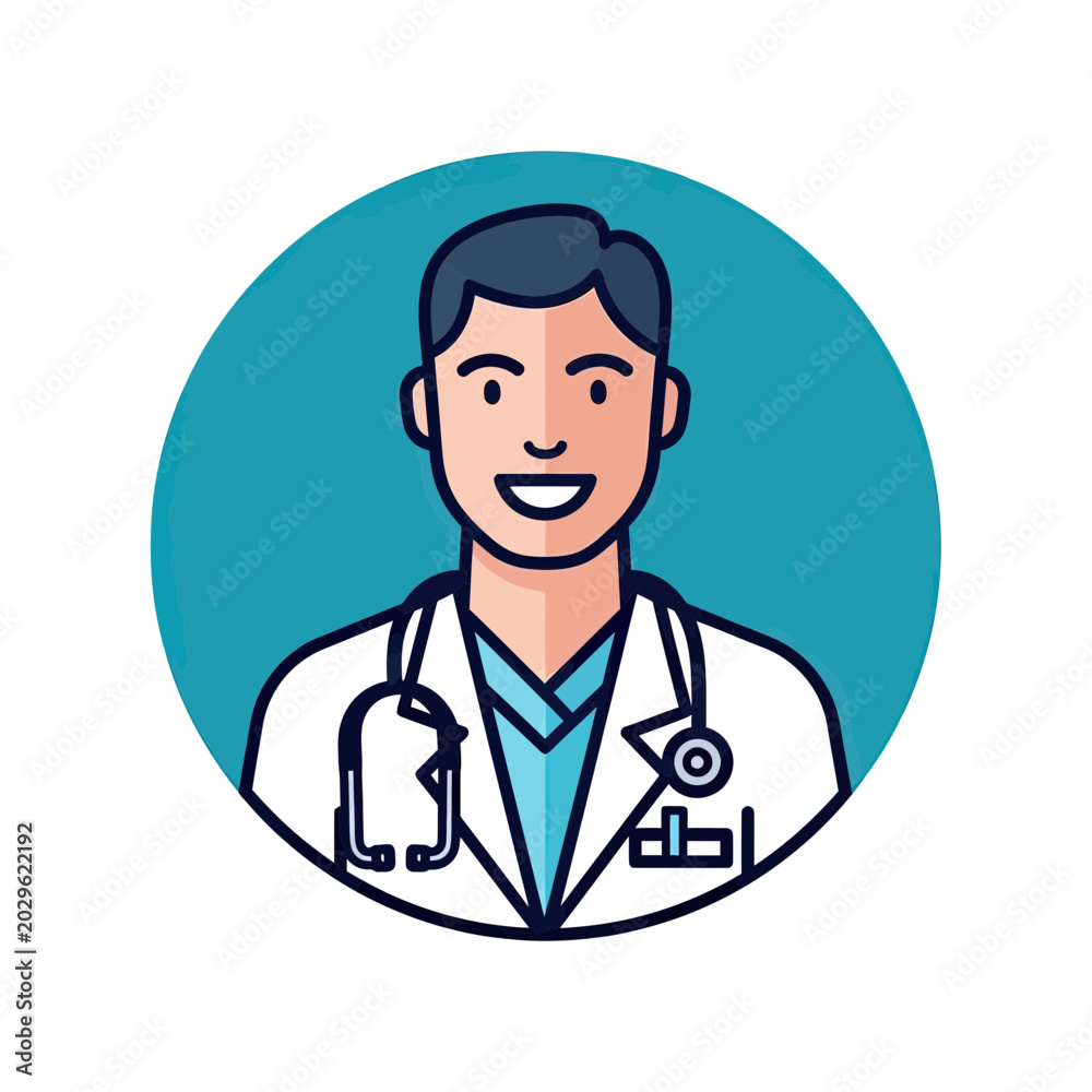 Fototapeta premium Male Medical Professional Avatar, Smiling Doctor Wearing White Lab Coat and Stethoscope, Vector Flat Illustration Profile Icon