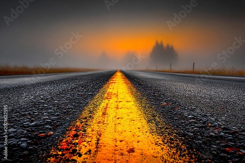 Road Vanishing Into a Dreamy Fog at Sunrise With No Visible Horizon Generative AI