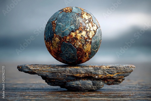 Stone Sphere Gracefully Levitating Above an Ancient Rock Formation in Twilight Generative AI